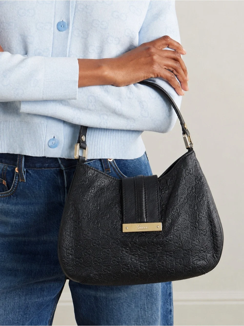 Gucci New Web Hobo Bag Nero Black Guccissima Embossed Leather
